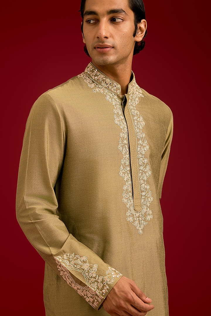Olive Green Cotton Silk Blend Embroidered Kurta Set by Devnaagri Men at Pernia's Pop Up Shop