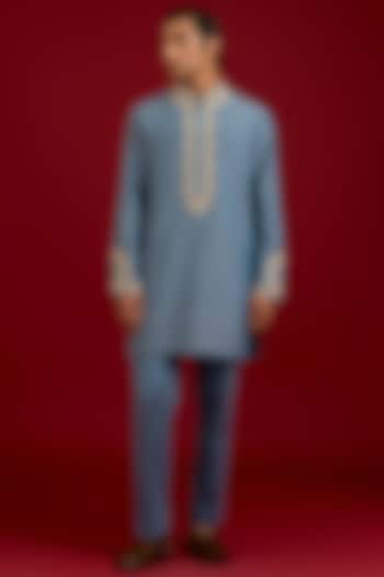Light Blue Cotton Silk Blend Embroidered Kurta Set by Devnaagri Men at Pernia's Pop Up Shop