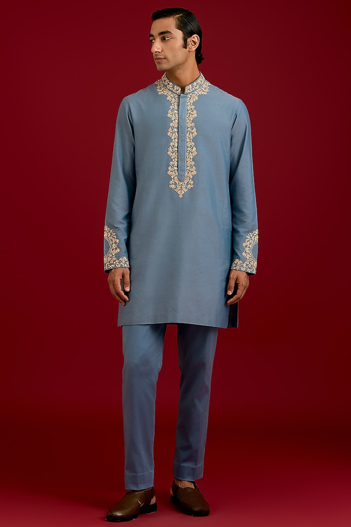 Light Blue Cotton Silk Blend Embroidered Kurta Set by Devnaagri Men at Pernia's Pop Up Shop