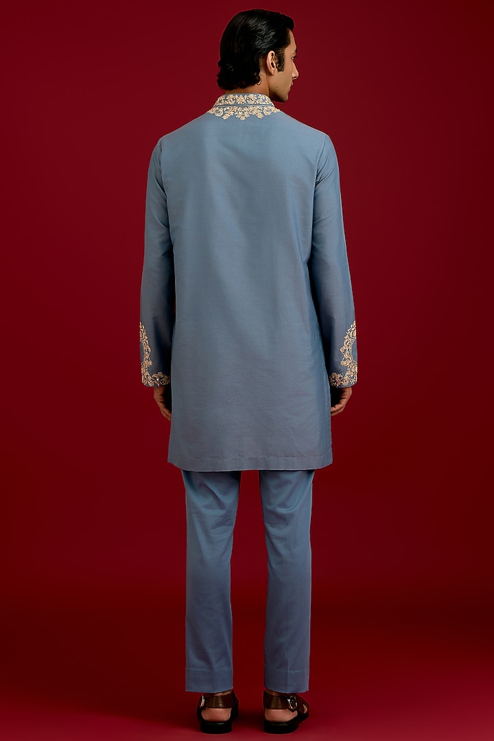 Light Blue Cotton Silk Blend Embroidered Kurta Set by Devnaagri Men at Pernia's Pop Up Shop
