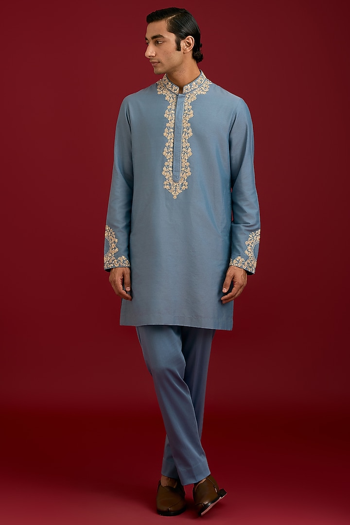 Light Blue Cotton Silk Blend Embroidered Kurta Set by Devnaagri Men at Pernia's Pop Up Shop