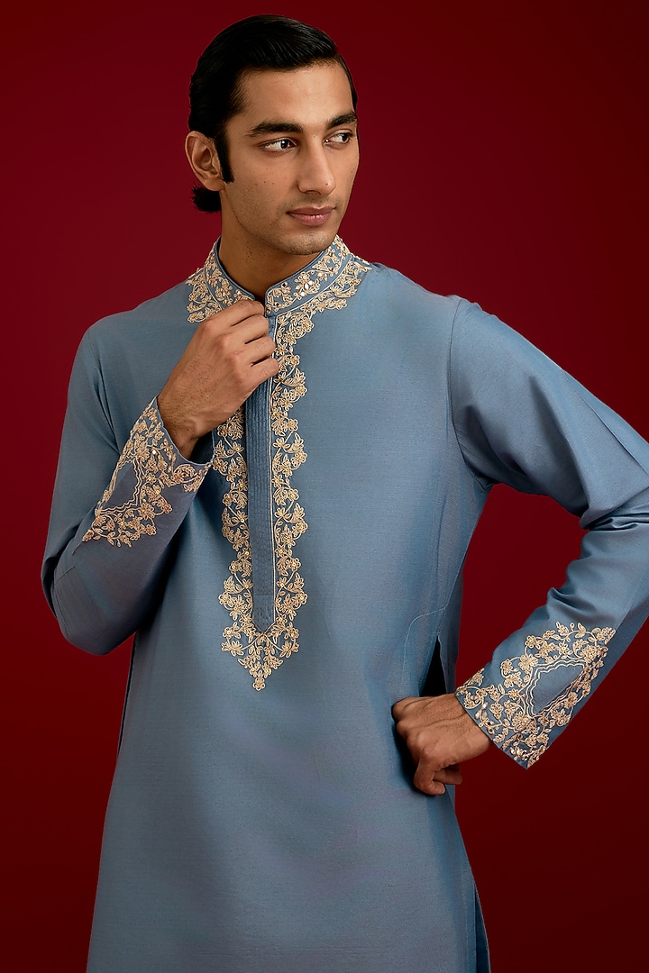 Light Blue Cotton Silk Blend Embroidered Kurta Set by Devnaagri Men at Pernia's Pop Up Shop