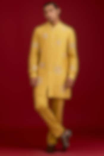 Mustard Cotton Silk Blend Embroidered Kurta Set by Devnaagri Men at Pernia's Pop Up Shop
