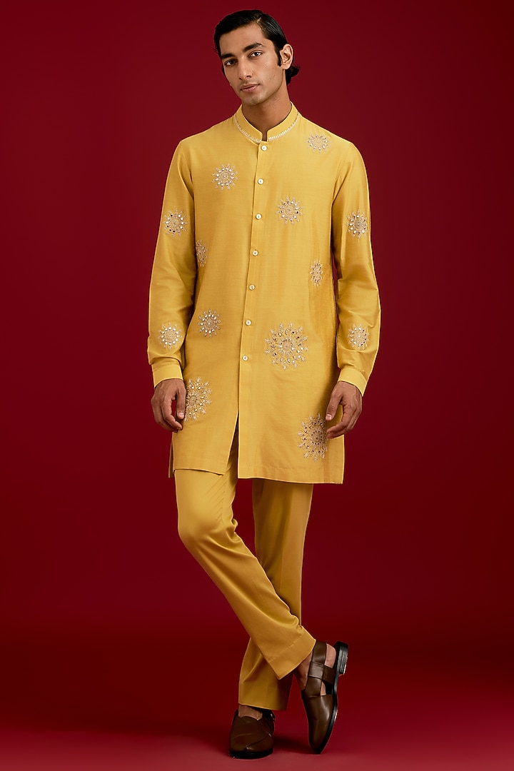 Mustard Cotton Silk Blend Embroidered Kurta Set by Devnaagri Men at Pernia's Pop Up Shop