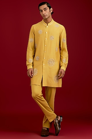 Mustard Cotton Silk Blend Embroidered Kurta Set by Devnaagri Men