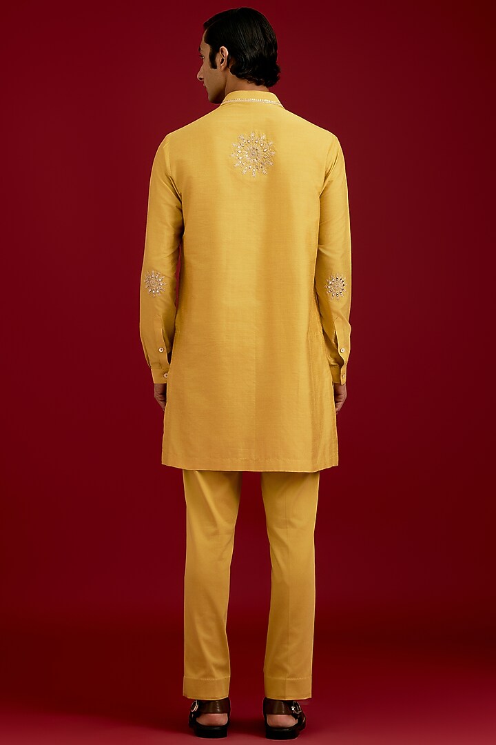 Mustard Cotton Silk Blend Embroidered Kurta Set by Devnaagri Men at Pernia's Pop Up Shop