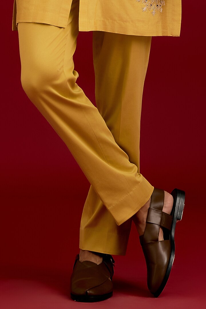 Mustard Cotton Silk Blend Embroidered Kurta Set by Devnaagri Men at Pernia's Pop Up Shop