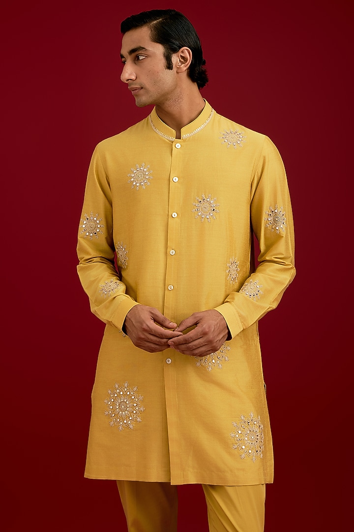 Mustard Cotton Silk Blend Embroidered Kurta Set by Devnaagri Men at Pernia's Pop Up Shop