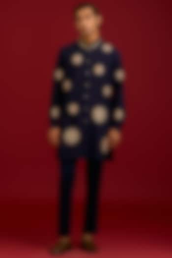 Navy Cotton Silk Blend Embroidered Kurta Set by Devnaagri Men at Pernia's Pop Up Shop