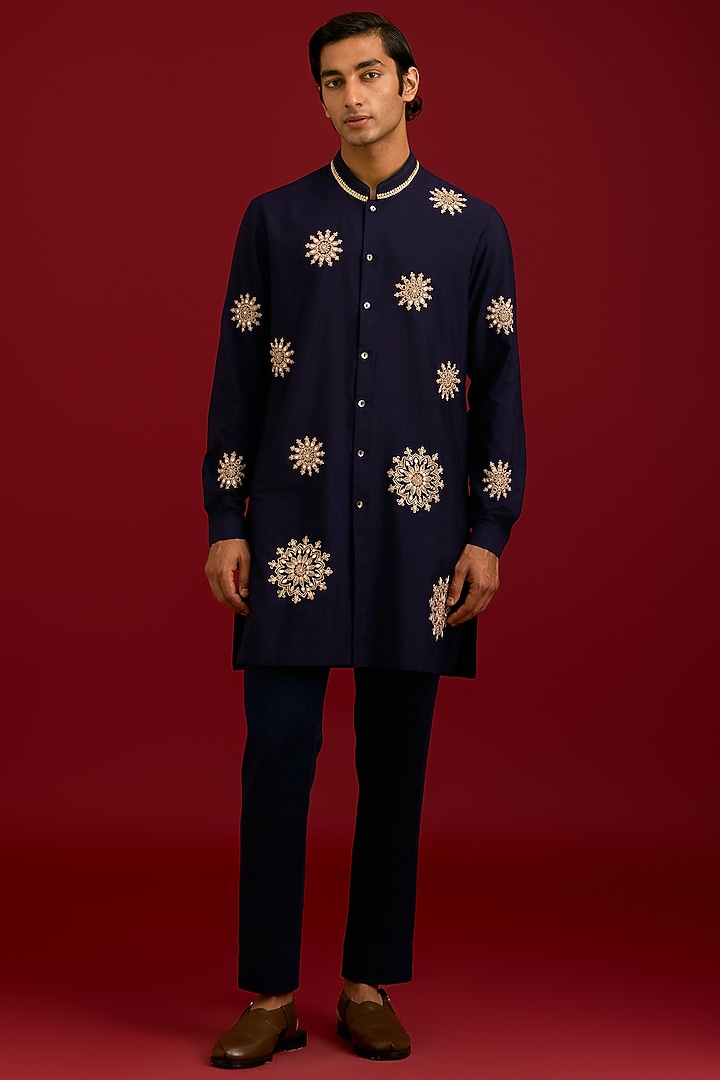 Navy Cotton Silk Blend Embroidered Kurta Set by Devnaagri Men at Pernia's Pop Up Shop