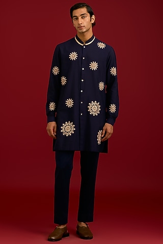 Navy Cotton Silk Blend Embroidered Kurta Set by Devnaagri Men