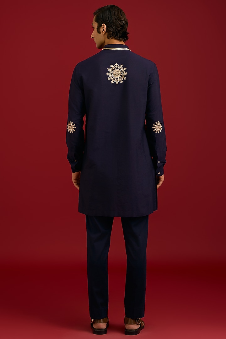 Navy Cotton Silk Blend Embroidered Kurta Set by Devnaagri Men at Pernia's Pop Up Shop