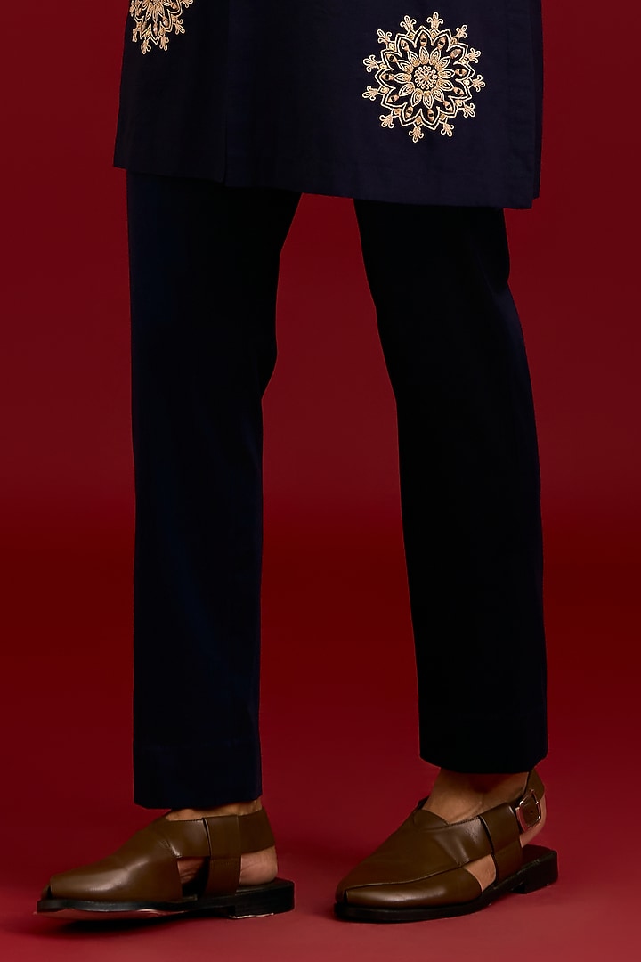 Navy Cotton Silk Blend Embroidered Kurta Set by Devnaagri Men at Pernia's Pop Up Shop