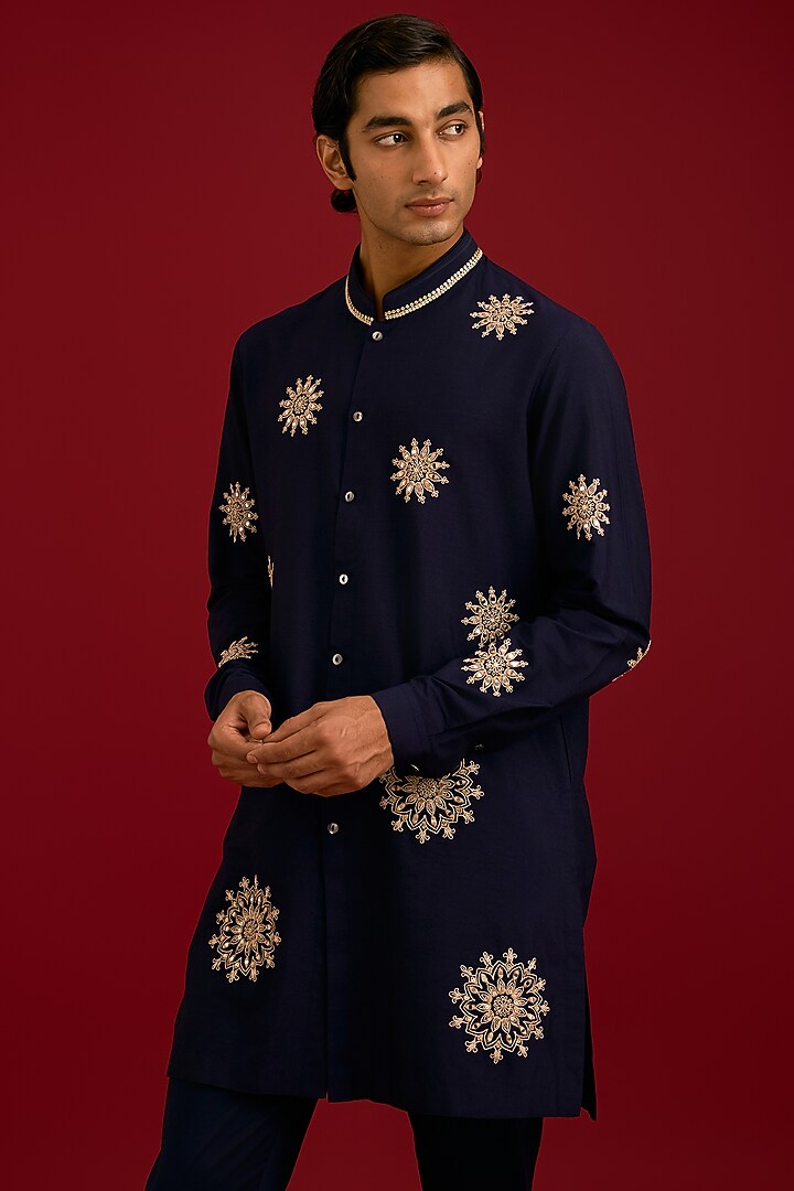 Navy Cotton Silk Blend Embroidered Kurta Set by Devnaagri Men at Pernia's Pop Up Shop