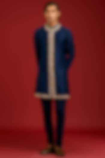 Navy Chanderi Dori Embroidered Kurta Set by Devnaagri Men at Pernia's Pop Up Shop