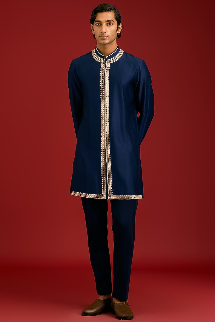 Navy Chanderi Dori Embroidered Kurta Set by Devnaagri Men at Pernia's Pop Up Shop