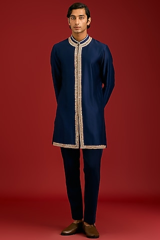 Navy Chanderi Dori Embroidered Kurta Set by Devnaagri Men