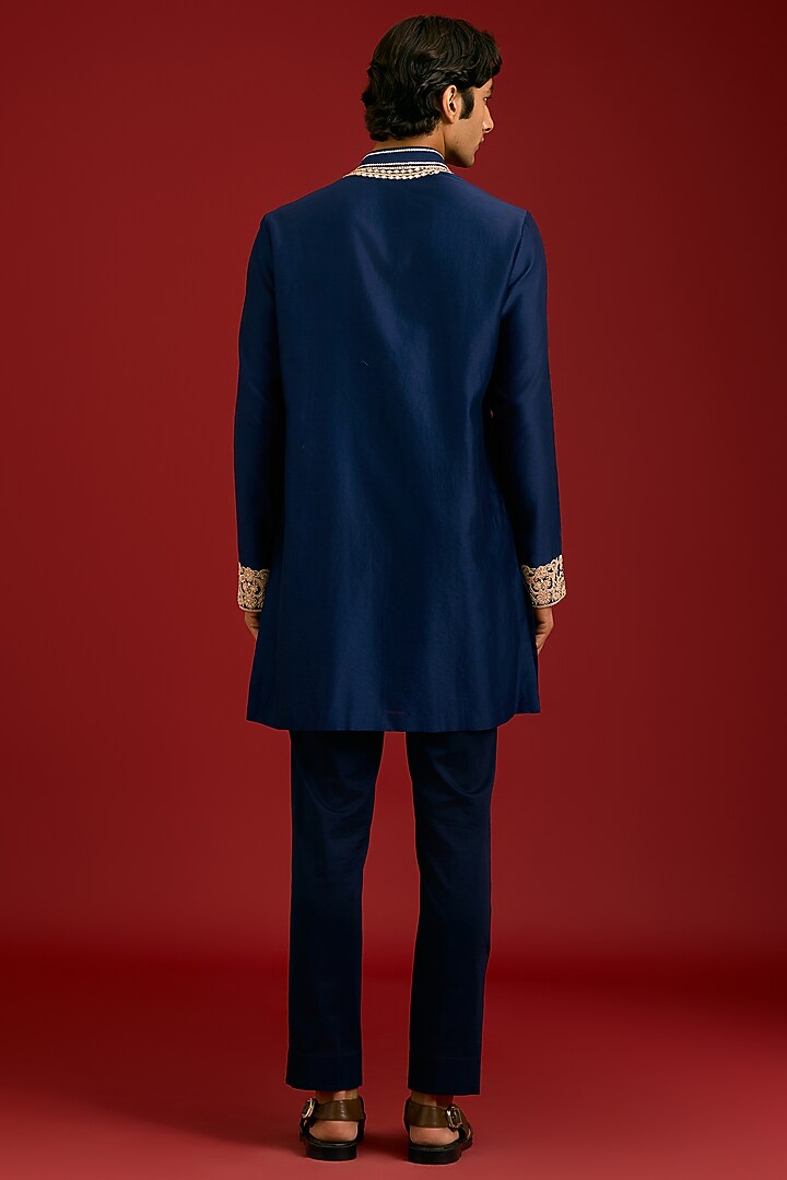 Navy Chanderi Dori Embroidered Kurta Set by Devnaagri Men at Pernia's Pop Up Shop