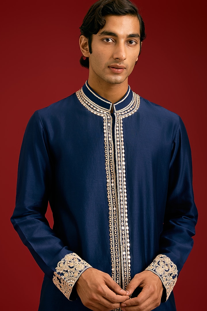 Navy Chanderi Dori Embroidered Kurta Set by Devnaagri Men at Pernia's Pop Up Shop