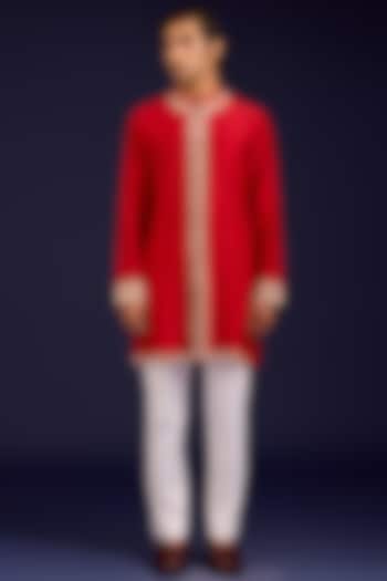 Red Chanderi Dori Embroidered Kurta Set by Devnaagri Men at Pernia's Pop Up Shop