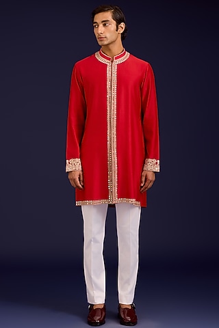 Red Chanderi Dori Embroidered Kurta Set by Devnaagri Men