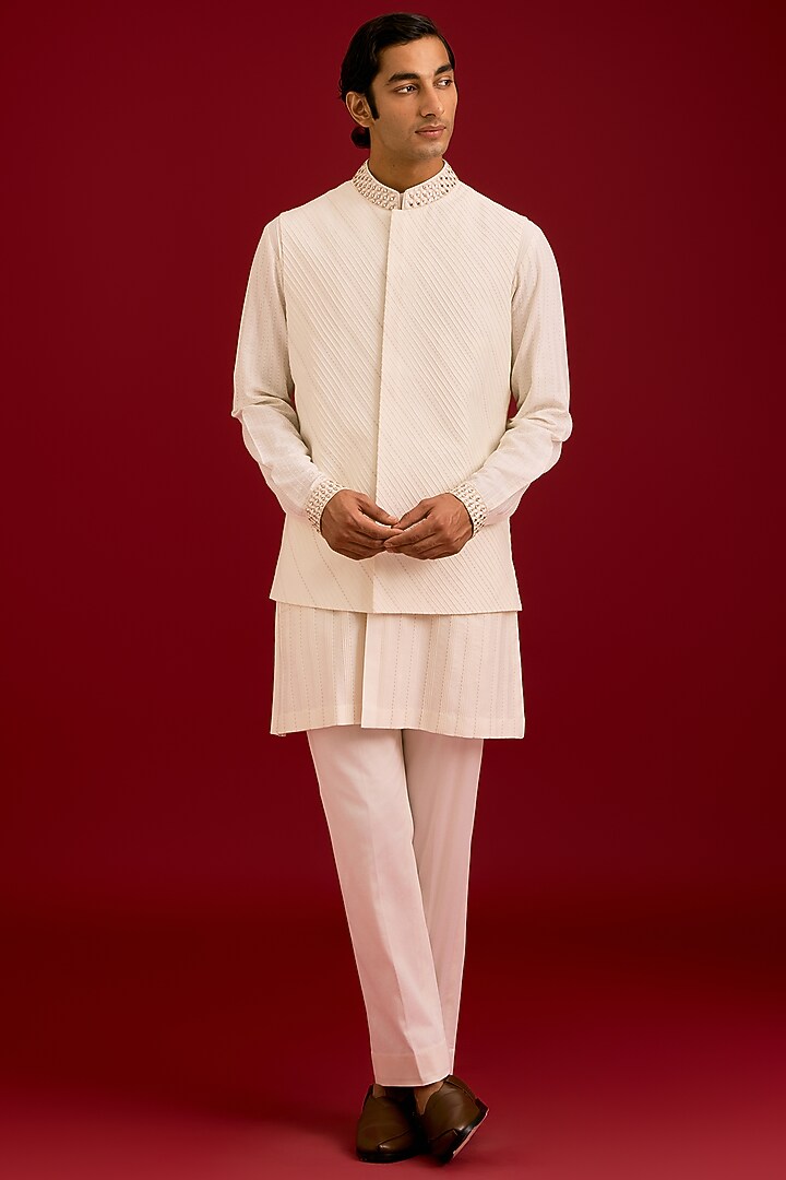Ivory Cotton Silk Blend Dori Embroidered Kurta Set by Devnaagri Men at Pernia's Pop Up Shop