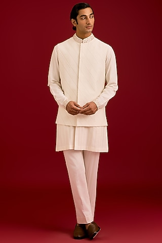 Ivory Cotton Silk Blend Dori Embroidered Kurta Set by Devnaagri Men