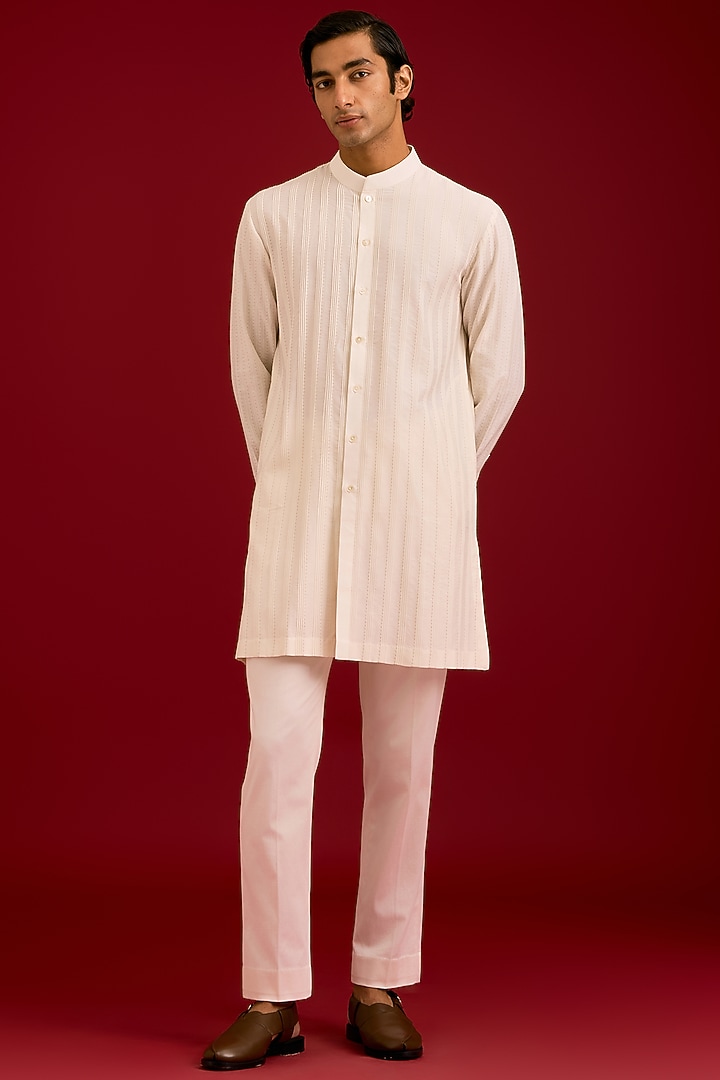 Ivory Cotton Silk Blend Dori Embroidered Kurta Set by Devnaagri Men at Pernia's Pop Up Shop