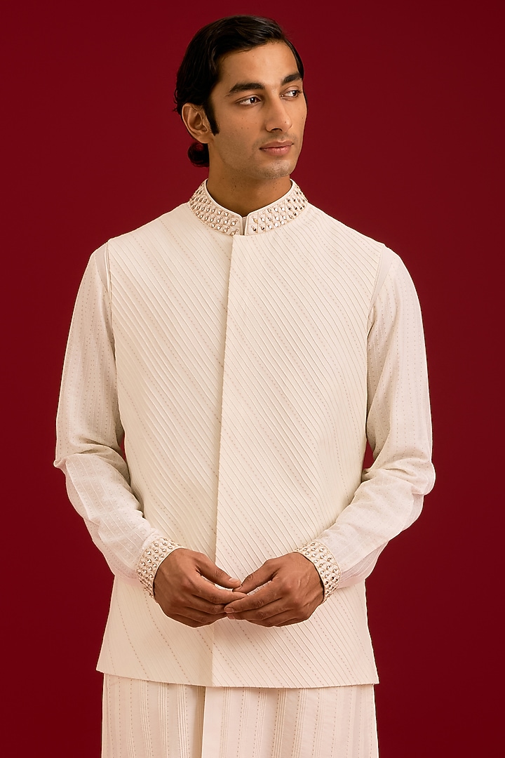 Ivory Cotton Silk Blend Dori Embroidered Kurta Set by Devnaagri Men at Pernia's Pop Up Shop