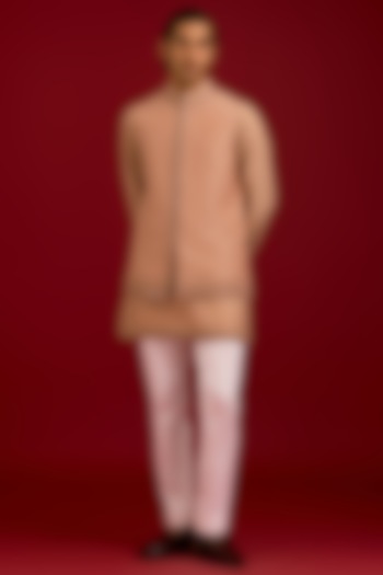 Beige Linen Satin Dori Embroidered Bundi Set by Devnaagri Men at Pernia's Pop Up Shop