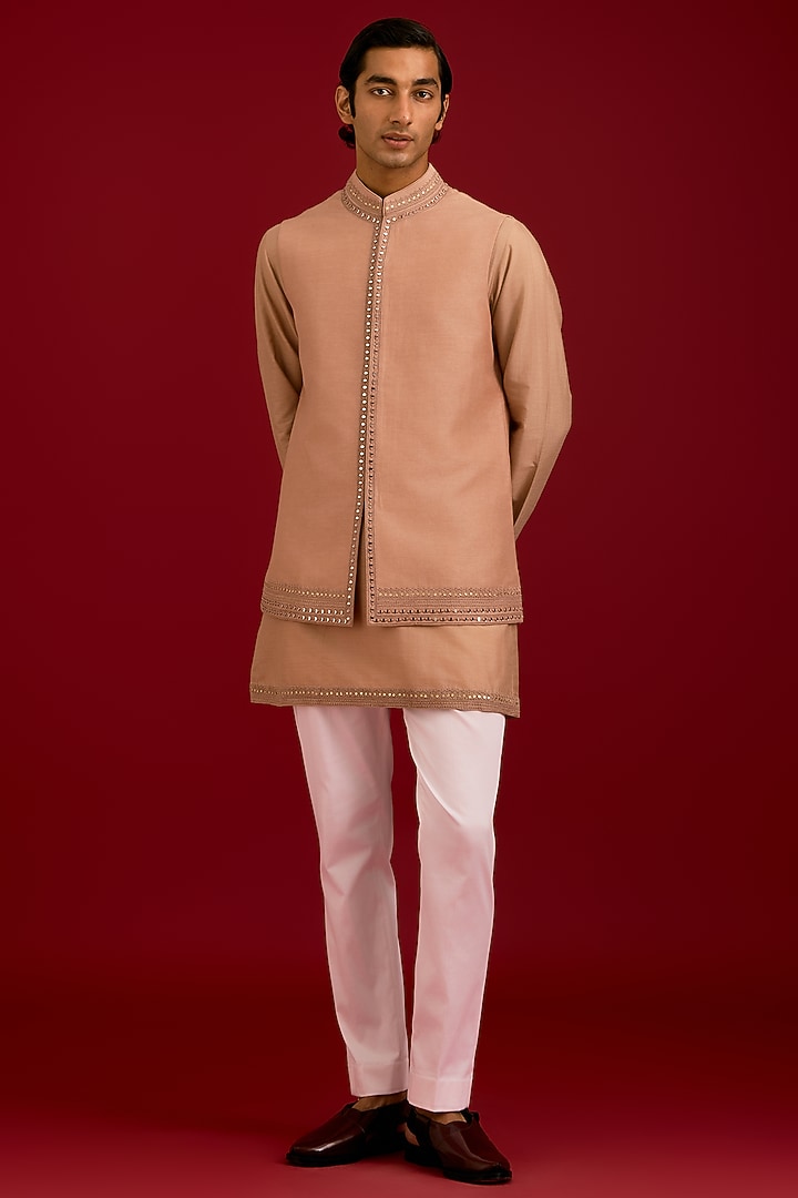 Beige Linen Satin Dori Embroidered Bundi Set by Devnaagri Men at Pernia's Pop Up Shop