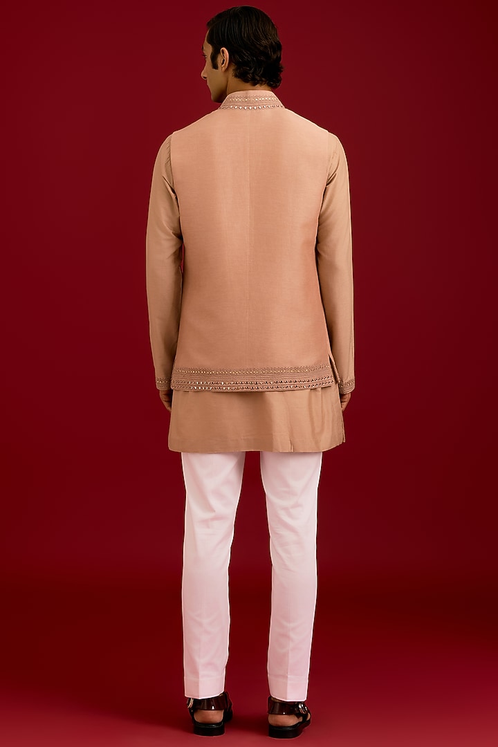 Beige Linen Satin Dori Embroidered Bundi Set by Devnaagri Men at Pernia's Pop Up Shop