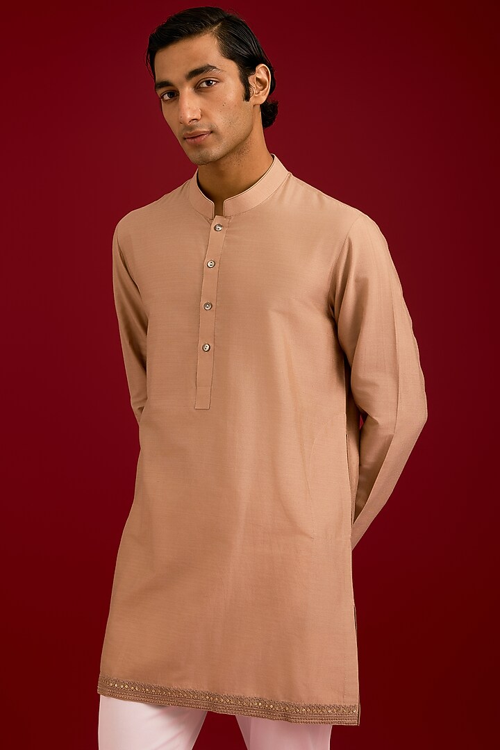 Beige Linen Satin Dori Embroidered Bundi Set by Devnaagri Men at Pernia's Pop Up Shop