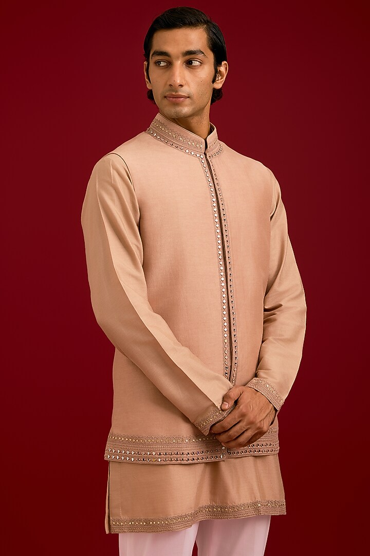 Beige Linen Satin Dori Embroidered Bundi Set by Devnaagri Men at Pernia's Pop Up Shop