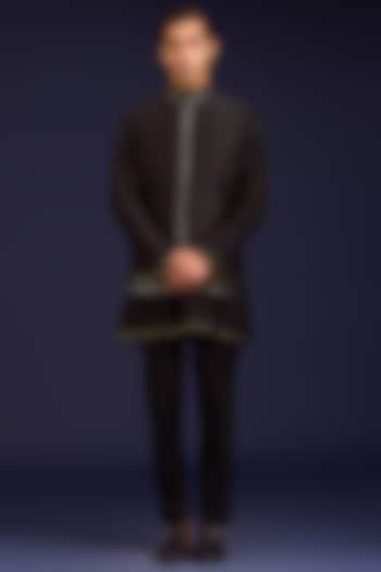 Black Linen Satin Dori Embroidered Bundi Set by Devnaagri Men at Pernia's Pop Up Shop