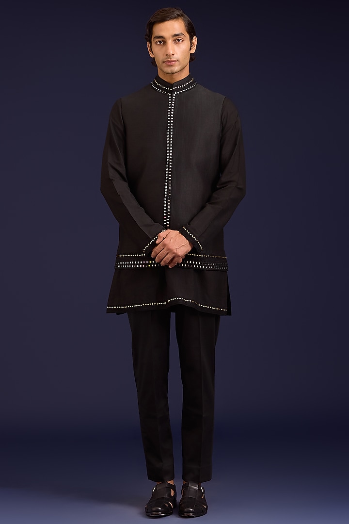 Black Linen Satin Dori Embroidered Bundi Set by Devnaagri Men at Pernia's Pop Up Shop