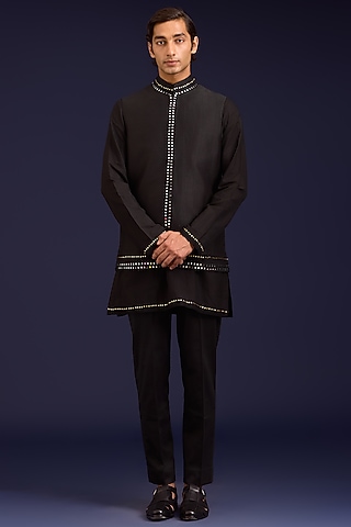 Black Linen Satin Dori Embroidered Bundi Set by Devnaagri Men