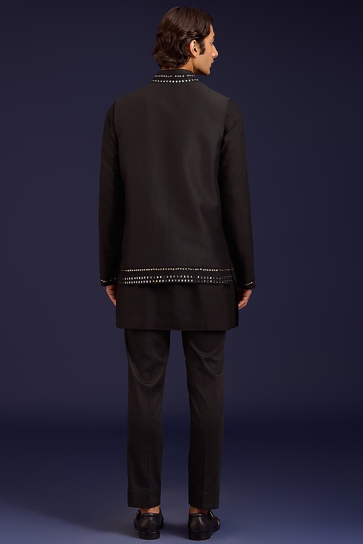 Black Linen Satin Dori Embroidered Bundi Set by Devnaagri Men at Pernia's Pop Up Shop