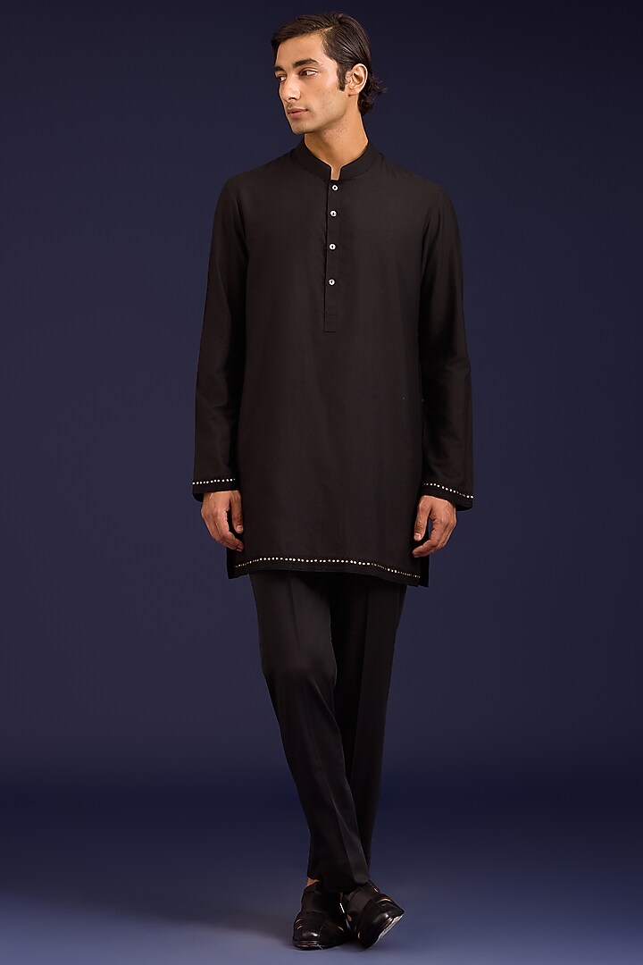 Black Linen Satin Dori Embroidered Bundi Set by Devnaagri Men at Pernia's Pop Up Shop