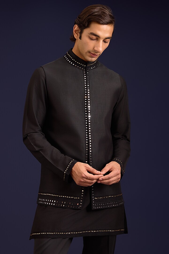 Black Linen Satin Dori Embroidered Bundi Set by Devnaagri Men at Pernia's Pop Up Shop