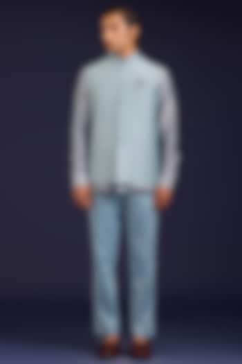 Light Blue Linen Satin Bundi Jacket Set by Devnaagri Men at Pernia's Pop Up Shop