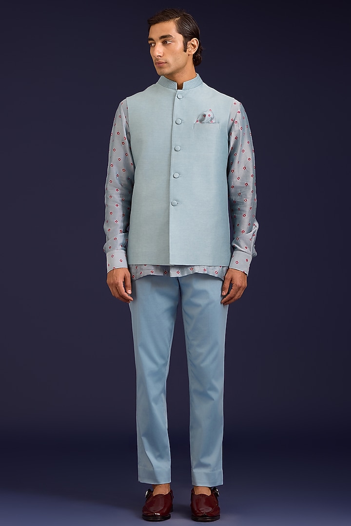 Light Blue Linen Satin Bundi Jacket Set by Devnaagri Men at Pernia's Pop Up Shop