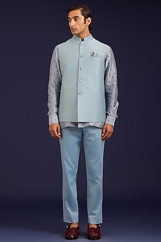 Light Blue Linen Satin Bundi Jacket Set by Devnaagri Men
