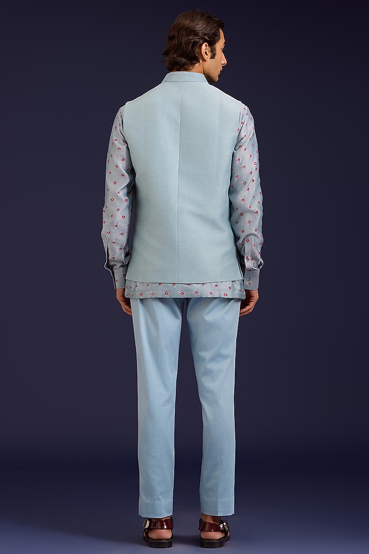 Light Blue Linen Satin Bundi Jacket Set by Devnaagri Men at Pernia's Pop Up Shop