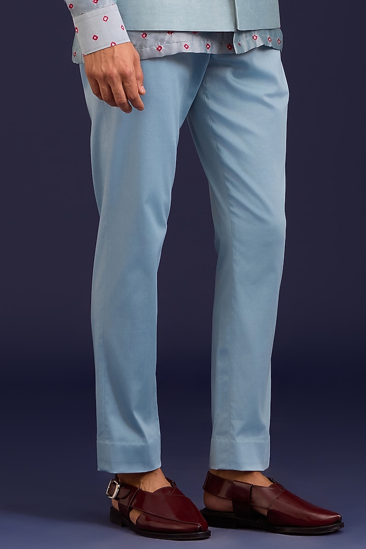 Light Blue Linen Satin Bundi Jacket Set by Devnaagri Men at Pernia's Pop Up Shop