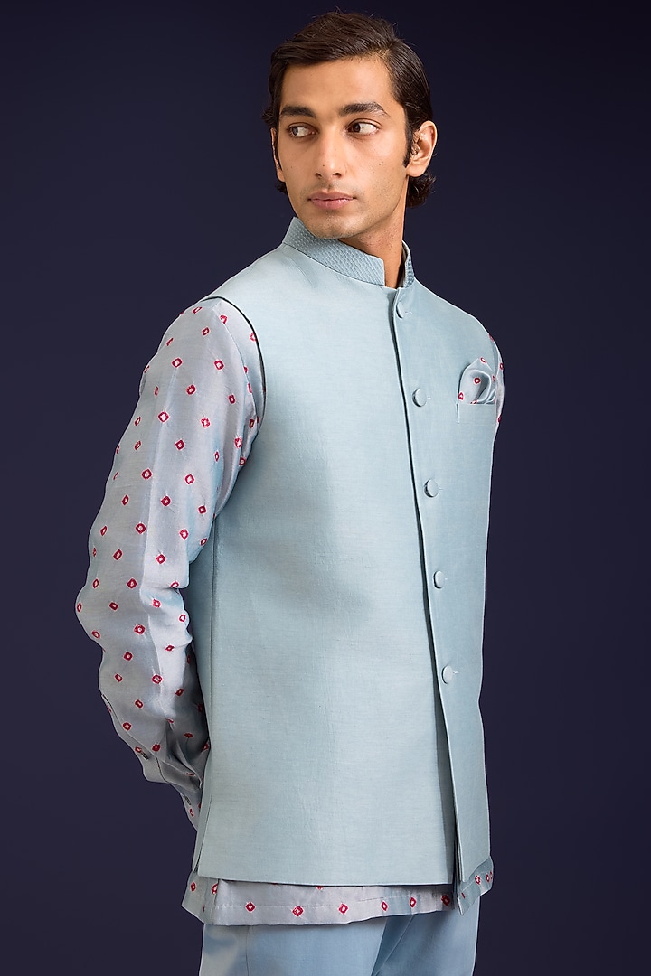 Light Blue Linen Satin Bundi Jacket Set by Devnaagri Men at Pernia's Pop Up Shop