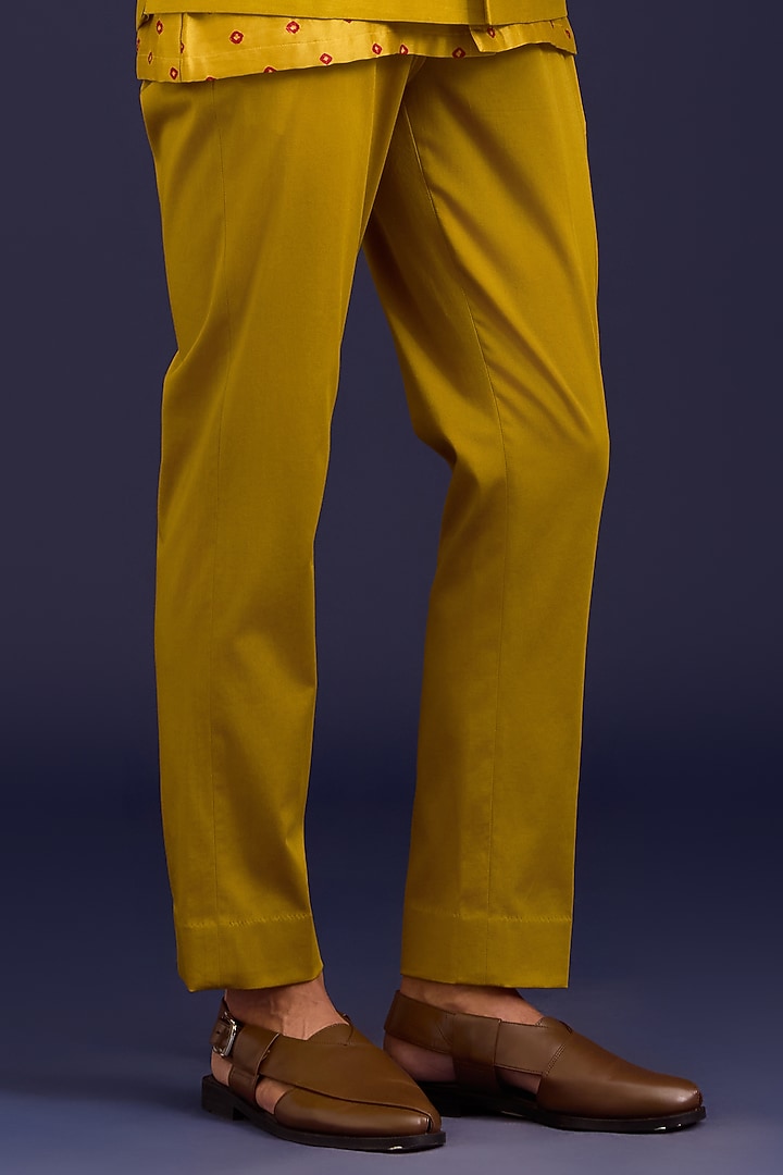 Mustard Linen Satin Dori Embroidered Bundi Set by Devnaagri Men at Pernia's Pop Up Shop