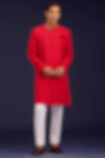 Fiery Red Cotton Silk Blend Mirror Work Groom Sherwani Set by Devnaagri Men at Pernia's Pop Up Shop