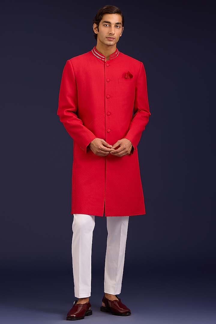 Fiery Red Cotton Silk Blend Mirror Work Groom Sherwani Set by Devnaagri Men at Pernia's Pop Up Shop