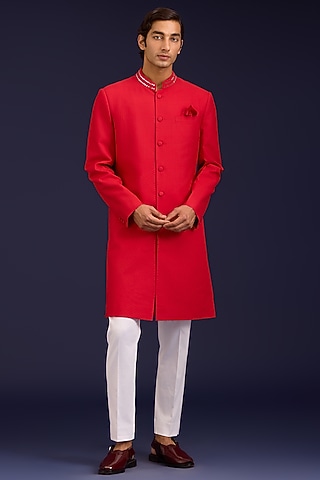 Fiery Red Cotton Silk Blend Mirror Work Sherwani Set by Devnaagri Men